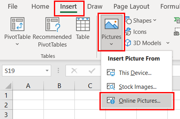 The Insert tab has been highlighted in the Excel ribbon. The Pictures button has been highlighted and Online Pictures from the menu has also been highlighted.