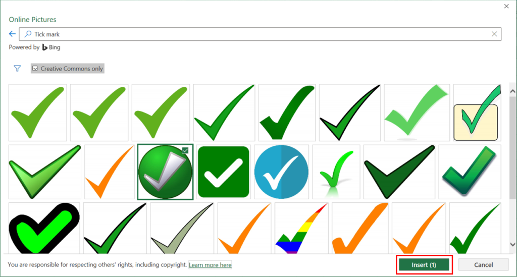 Online pictures of tick marks. A green circle with a white tick mark has been selected to be inserted in Excel.