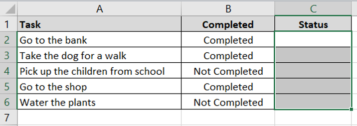 A task list is showing in Excel and column C has been highlighted.