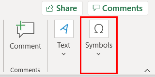 The symbols button is highlighted in the Excel ribbon to show how to create a tick symbol in Excel using the Symbols command.