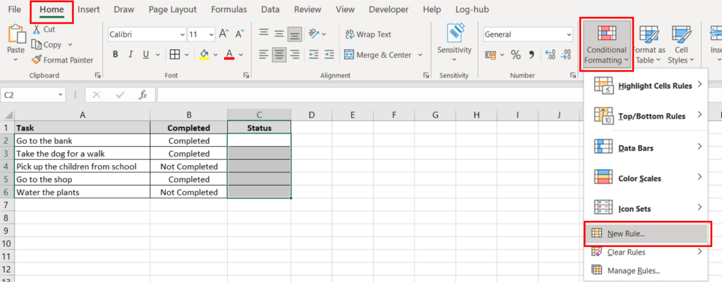 The Home tab, the Conditional Formatting button in the Excel ribbon and New Rule from the menu has been highlighted.