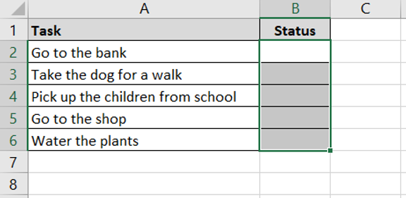 A checklist in Excel is showing and column B is highlighted.