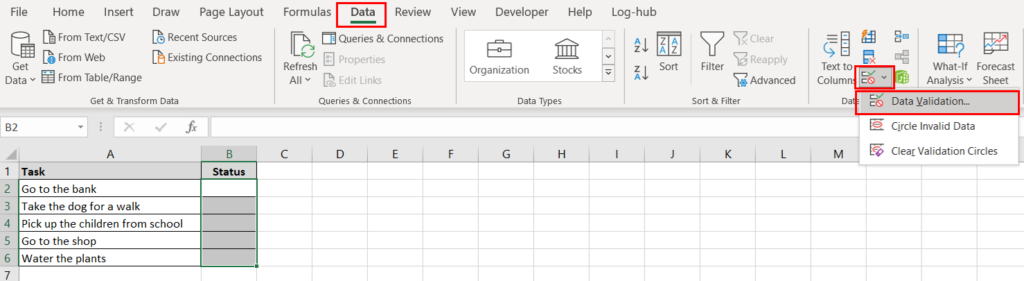 The Data tab in the Excel ribbon and Data Validation button has been highlighted to show to how insert a tick symbol in Excel using a drop-down list. 