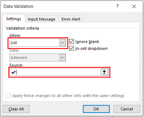 The Data Validation dialog box is showing. The List option has been selected under the Allow field and a tick symbol has been inserted under the Source field.