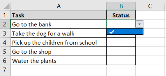 A task list with a drop-down list where a user can insert a tick symbol in Excel.