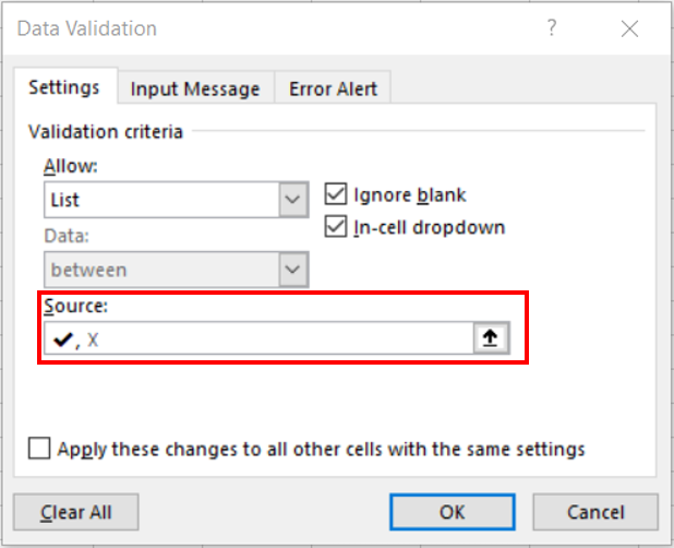 The Data Validation dialog box and tick and cross symbols have been entered in the Source field.