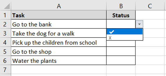 A checklist with a drop-down list where the user can select a tick mark or a cross symbol in Excel. 