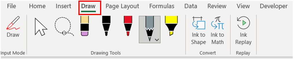 The Draw tab from the Excel ribbon which can be used to insert a tick symbol in Excel.