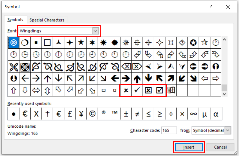 The Symbol dialog box and the Wingdings font is selected. The cross and tick symbols are highlighted.