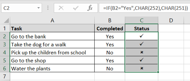 A checklist in Excel which contains tick and cross symbols in column C. Column C has been selected.