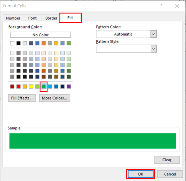 The Format Cells dialog box with the Fill tab and the green fill colour have been highlighted.