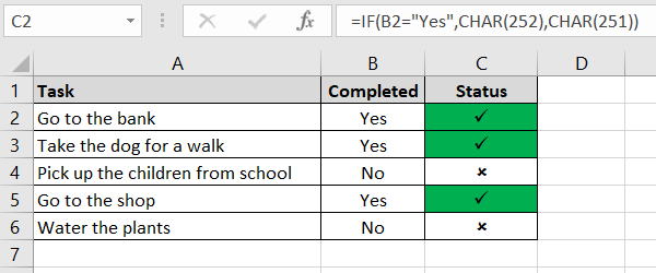 A checklist with tick and cross symbols in column C. The tick marks have been formatted in green fill colour.