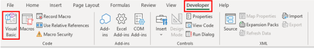 The Excel ribbon which has a developer tab and the Visual Basic button highlighted to show how to insert a tick symbol using a VBA macro.