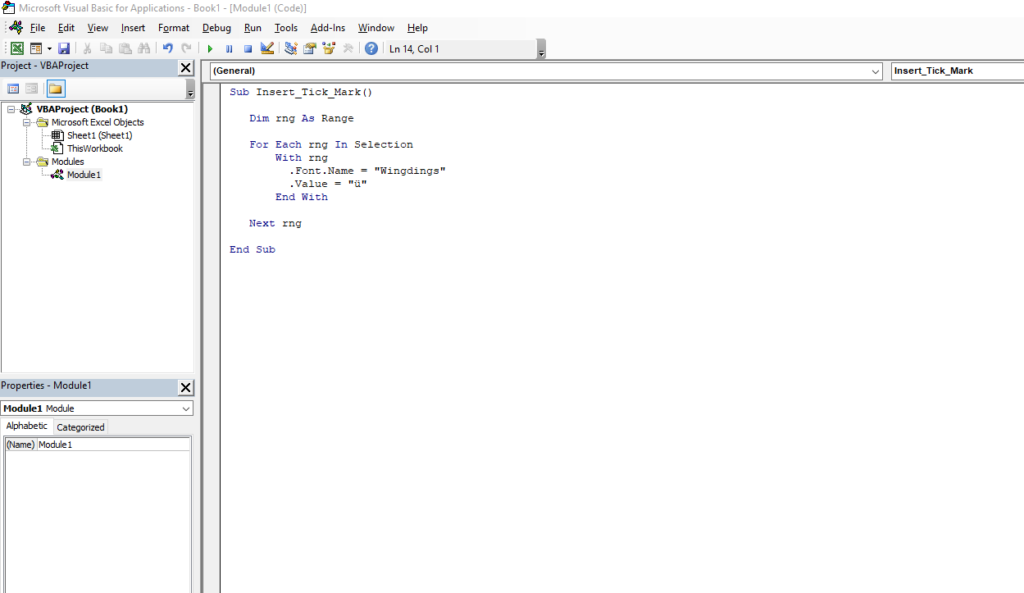 The Visual Basic Editor is showing and a VBA macro has been written in the code window to insert tick symbols in Excel.