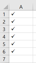 A list of tick symbols in column A.