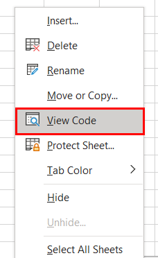 The View Code option has been highlighted from a menu when a user right-clicks an Excel tab.