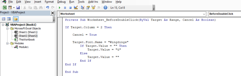 The Visual Basic Editor is showing and a VBA macro has been written in the code window to insert tick symbols in Excel when a user double-clicks a cell.