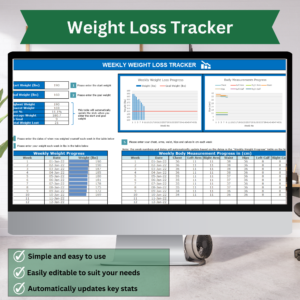 Excel weight loss calculator displayed on a monitor and displaying 3 key benefits.