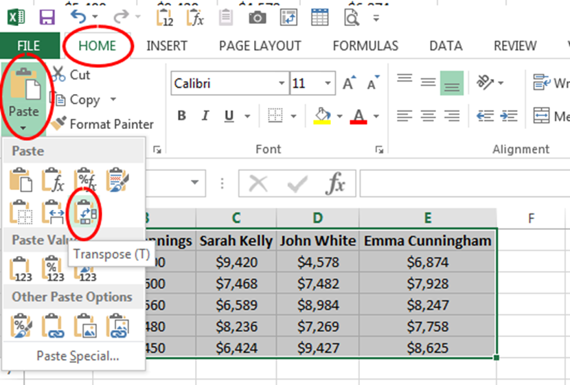 Excel ribbon and the Home tab and the paste Transpose button has been highlighted to transpose data in Excel.