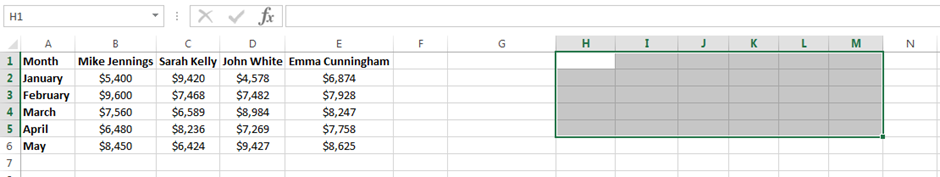 Range H1:M5 has been selected in the worksheet to transpose data in Excel.
