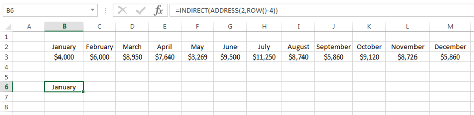 The Indirect, Address and Row functions are entered to create a formula in cell B6 to transpose data in Excel.