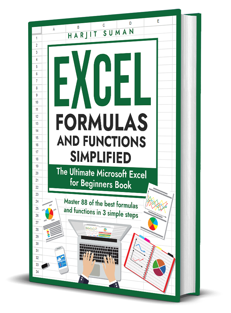 Excel formulas and functions book written by Harjit Suman. The book is upright and slightly open.