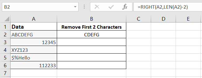 A RIGHT and LEN function used in an Excel formula in cell B2 to show how to remove first two characters in Excel.