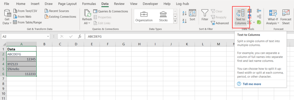 The range A2:A6 is selected and the Text to Columns button has been selected in the Excel ribbon.
