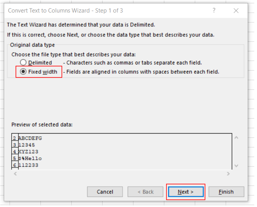 The Convert Text to Columns Wizard dialog box is open and the Fixed width option is highlighted.