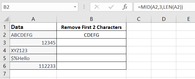 A MID and LEN function used in an Excel formula in cell B2 to show how to remove first two characters in Excel.