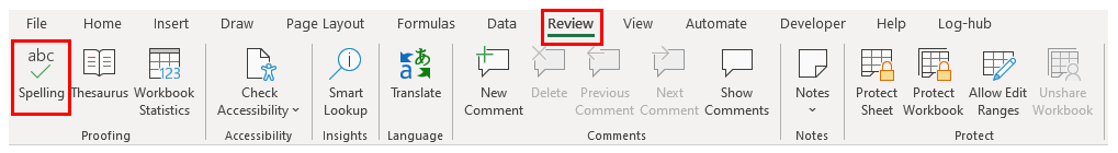 An Excel ribbon with the Review tab and Spelling button highlighted by red boxes to answer the question "how do you turn on spell check in Excel?"