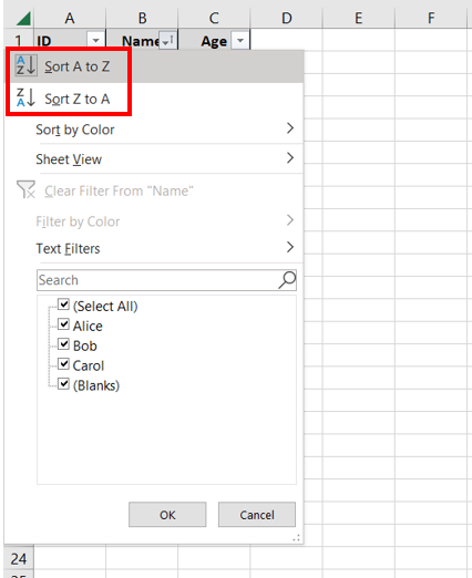 The Sort A to Z or the Sort Z to A button is highlighted to show that the dataset can be sorted in ascending or descending order.