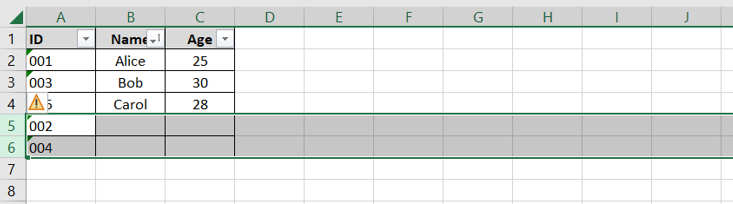 Rows 5 and 6 are highlighted in a dataset in an Excel spreadsheet so that the user can delete multiple empty rows in Excel.