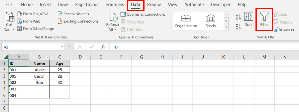 A dataset in the range A1:C6 in an Excel spreadsheet. The Data and Filter tabs in the ribbon are highlighted so the user can delete multiple empty rows in Excel.