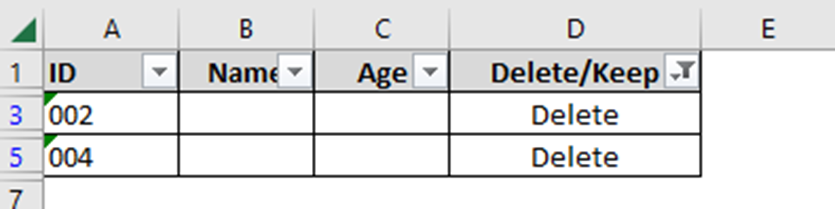 Column D in a dataset in an Excel spreadsheet has been filtered to show only text that contains the word 'Delete' in this column.