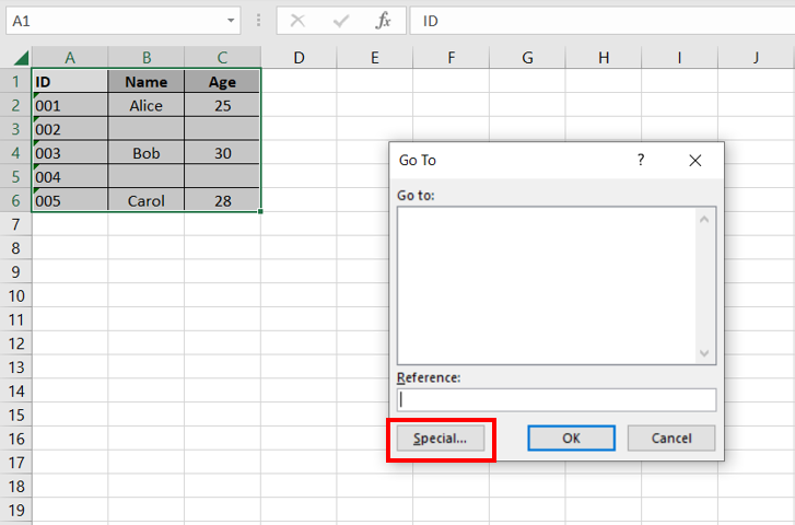 The Go To dialog box is showing in Excel. The range A1:C6 contains a dataset and is highlighted.