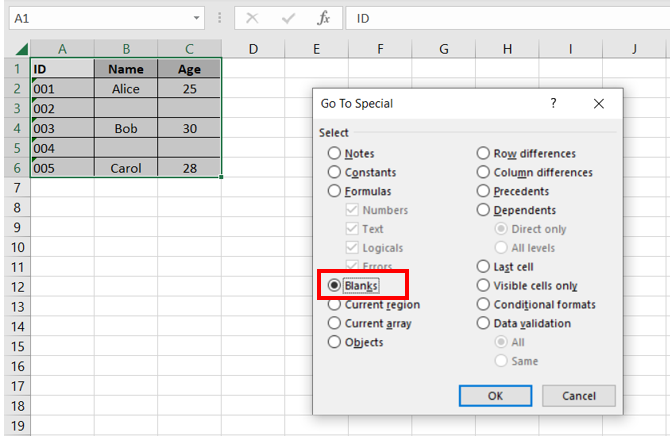 The Go To Special dialog box is showing in Excel. The Blanks button is selected so that all the blank cells in the selected dataset in the range A1:C6 will be highlighted.