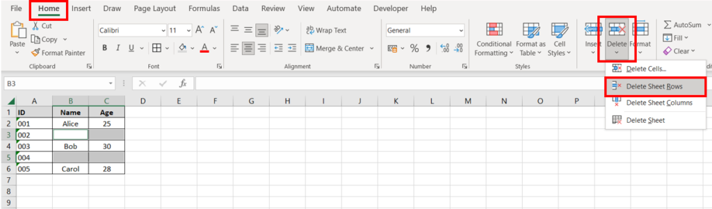 The Home tab, Delete button and Delete Sheet Rows button are highlighted in the Excel ribbon so that the user can delete empty rows in Excel.