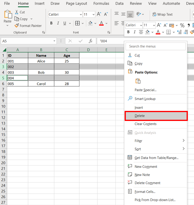 A dataset in the range A1:C6 in an Excel spreadsheet. Rows 3 and 5 are highlighted to delete empty rows in Excel.